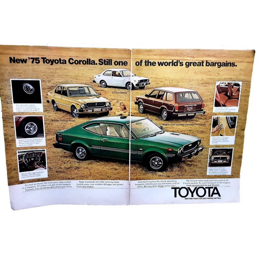 1975 Toyota Corolla 2 Page Original Print Ad 70s